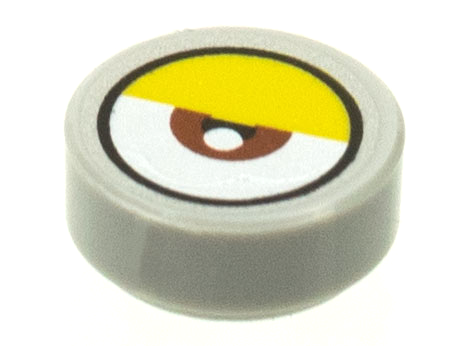 Tile, Round 1 x 1 with White Eye with Centered Reddish Brown Iris and Half Closed Yellow Eyelid Pattern