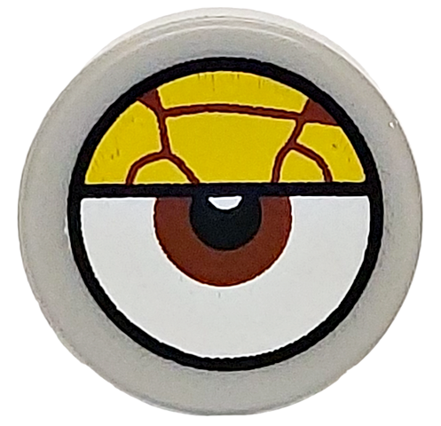 Tile, Round 1 x 1 with White Eye with Centered Reddish Brown Iris and Partially Closed Yellow Bloodshot Eyelid Pattern