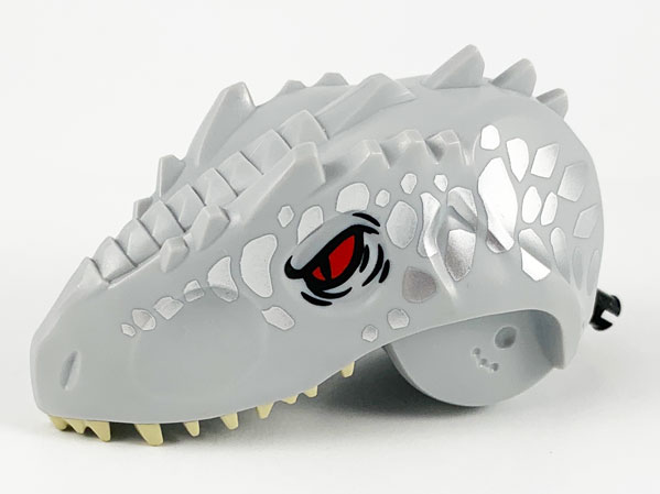 Dinosaur Head Indominus rex/Giganotosaurus with Pin, Tan Teeth, Red Eyes and Silver Scales Pattern