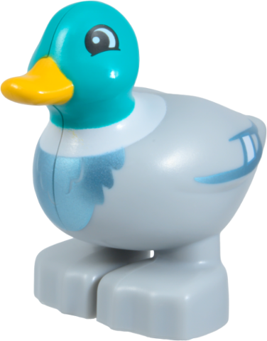 Duplo Duck Male with Dark Turquoise Head, Bright Light Orange Beak, White Neck, and Metallic Light Blue Feathers