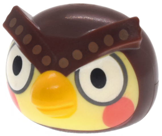 Minifigure, Head, Modified Owl with Molded Bright Light Yellow Face and Printed Black and Dark Bluish Gray Eyes, Coral Cheeks, Yellow Beak and Dark Tan Dots on Eyebrows Pattern