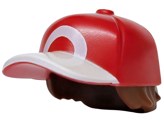 Reddish brown short layered hair with red ball cap