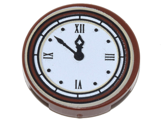 Tile, Round 2 x 2 with Bottom Stud Holder with White Clock Face (Time 11:52) with Black Hands and Roman Numerals Pattern