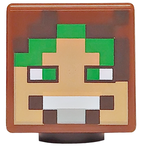 Minifigure, Head, Modified Cube with Pixelated Nougat Face, Bright Green Eyes and Hair, Light Bluish Gray Mouth with White Teeth Pattern (Minecraft Wolf Tamer / Gold Hunter)