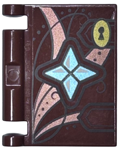 Minifigure, Utensil Book Cover with Gold Key Lock, Metallic Light Blue Crystals, Copper Accents, Dark Brown Lines Pattern