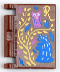 Minifigure, Utensil Book Cover with Gold Vine and Script Letter R, Blue Bird and Groundhog, Dark Pink Owl Pattern