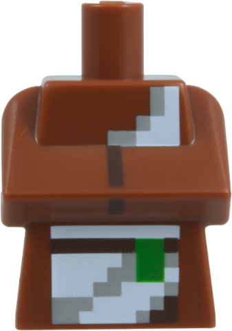 Reddish brown Minecraft villager torso with a pixelated white and gray robe, green accent, and folded arms.