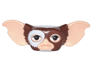 Minifigure, Head, Modified Alien Gremlin Mogwai with Light Nougat Ears and Face, White Fur on Head and Around Eye and Dark Brown Eyes Pattern