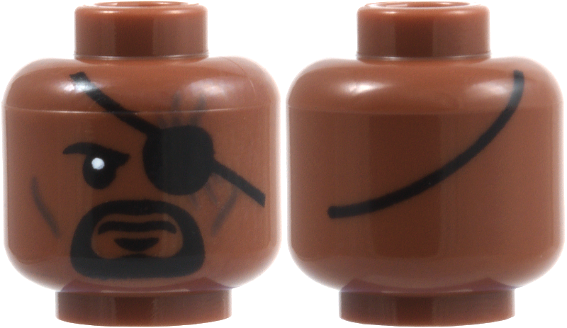 Reddish brown minifigure head with a black eyepatch, facial hair, and scars.