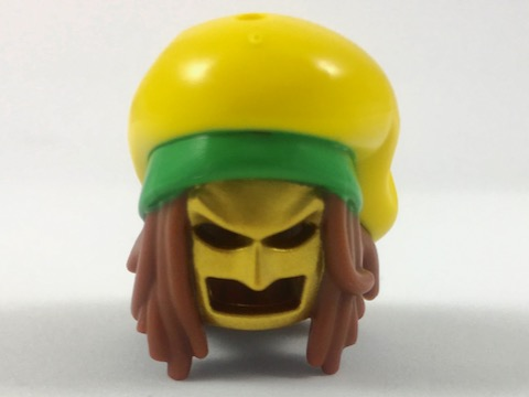Minifigure, Hair Combo, Long Dreadlocks, Gold Batman Cowl, Large Floppy Hat with Bright Green Rim and Red Splotch Pattern