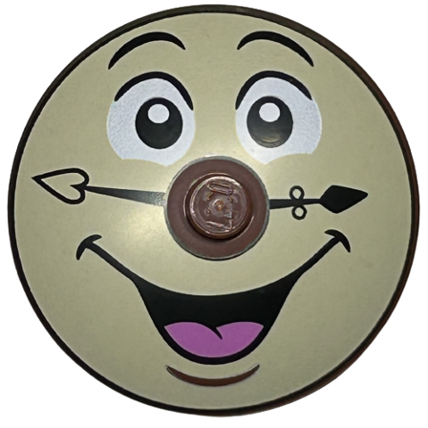 Dish 4 x 4 Inverted (Radar) with Solid Stud with Black Eyebrows and Clock Hands, White Eyes, and Open Mouth Smile with Dark Pink Tongue on Tan Background Pattern (Cogsworth Face)