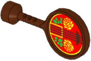 Duplo Utensil Round Sign with Handle with Red Sound Board, Black Strings, Yellow Flowers, and Bright Green Leaves Pattern (Musical Instrument, Ruan / Moon Guitar)