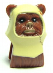 Minifigure, Head, Modified SW Ewok with Tan Hood with Dark Orange Feathers Pattern