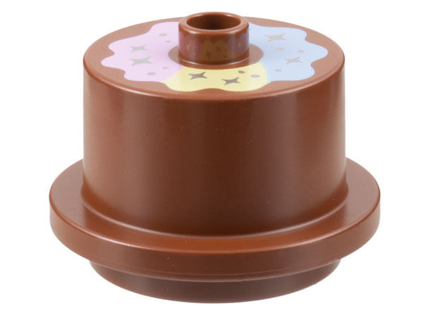 Duplo Cake with Bright Light Blue, Bright Light Yellow, and Bright Pink Frosting, Silver Sparkles and Dots Pattern