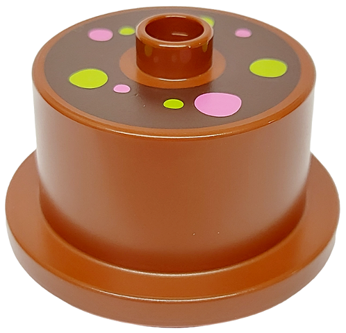 Duplo Cake with Dark Brown Frosting and Dark Pink and Lime Dots Pattern