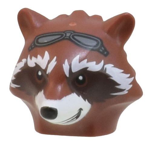 Minifigure, Head, Modified Raccoon with White Fur, Dark Brown Face, and Dark Bluish Gray Goggles Pattern
