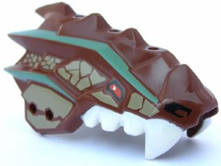 Dragon Head (Ninjago) Jaw Upper Spiny with Dark Tan Scales, Red Eyes, Sand Green Stripes, and White Teeth Pattern