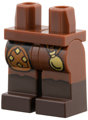 Hips and Legs with Molded Dark Brown Lower Legs / Boots and Printed Medium Nougat Armor, Gold Bottle Pattern