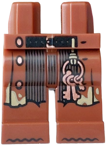 Hips and Legs with Coat Ends with Copper Buttons, Buckle and Keys, Black Belt, Dark Brown Pant Legs with Pinstripes Pattern