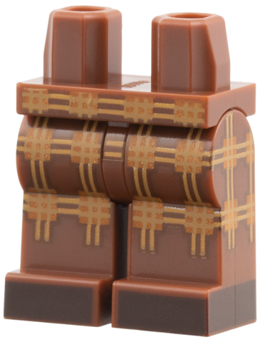 Reddish brown minifigure legs with a detailed dark orange and tan plaid pattern and dark brown shoes.