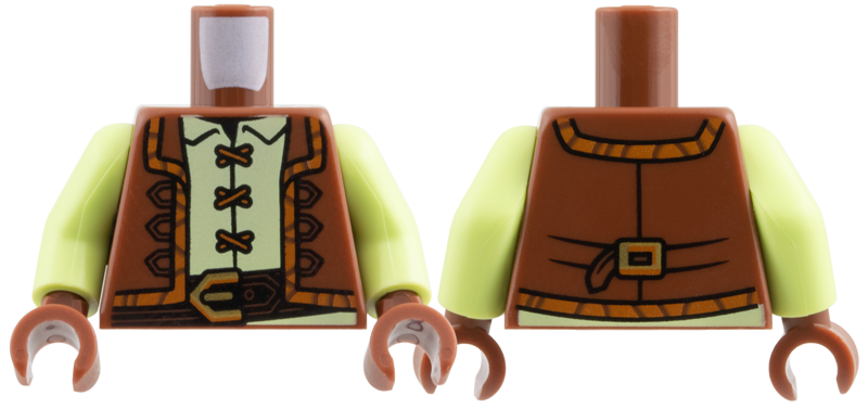 Torso Vest Open with Dark Orange Trim over Yellowish Green Shirt with Laces, Dark Brown Belt with Gold Buckle Pattern / Yellowish Green Arms / Reddish Brown Hands