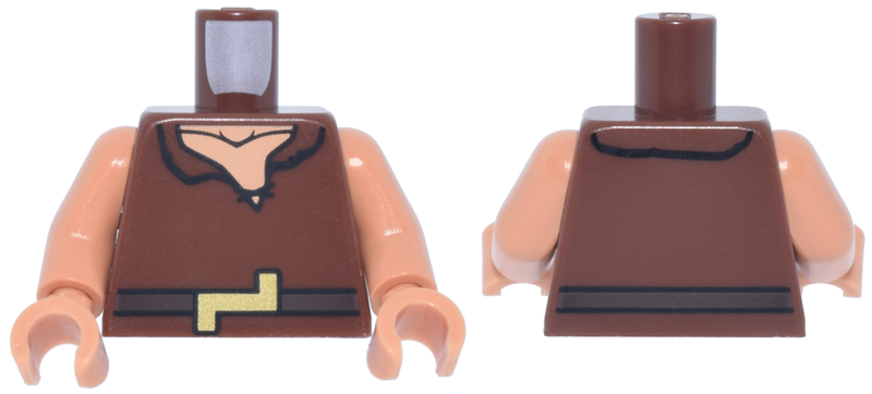 Torso Tunic with Crooked Collar and Black Laces, Dark Brown Belt with Gold Buckle, Nougat Neck with Collarbone Pattern / Nougat Arms / Nougat Hands