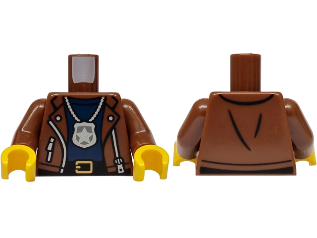 Reddish brown open jacket over a dark blue shirt with a silver star police badge on a chain, reddish brown arms, and yellow hands.