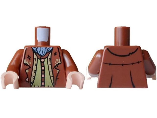 Reddish brown coat torso with a green shirt and tan vest, reddish brown arms, and light nougat hands.