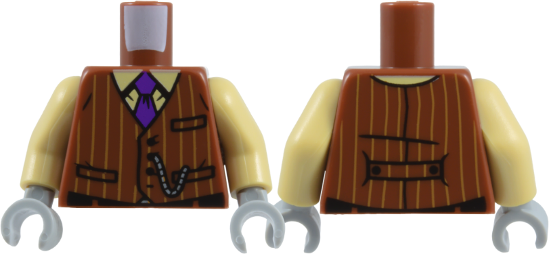 Reddish brown torso with tan arms and light bluish gray hands. Features a pinstripe suit jacket with a purple tie and silver pocket chain.