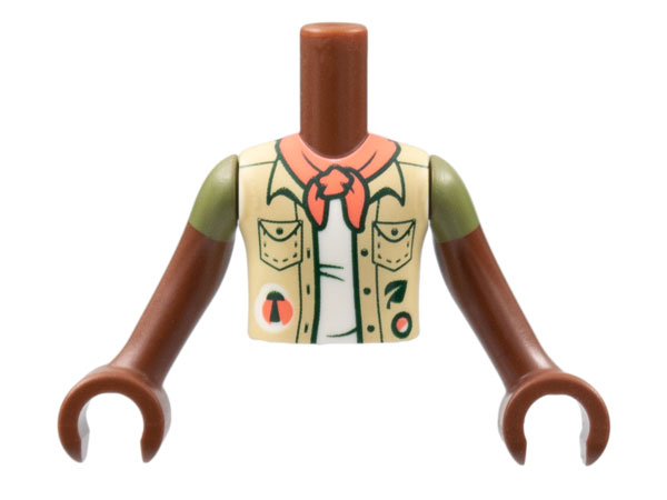 Torso Mini Doll Boy Tan Vest over White Shirt, Coral Scarf Pattern, Reddish Brown Arms with Hands with Olive Green Short Sleeves