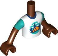 Torso Mini Doll Boy White T-Shirt with Orange Tent, Dark Blue Trees, Dark Turquoise Sky and Ground Pattern, Reddish Brown Arms with Hands with Dark Turquoise Short Sleeves