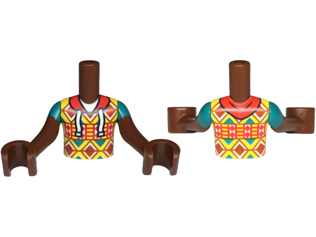 Torso Mini Doll Boy Yellow Hoodie with Red, White, Dark Orange and Dark Turquoise Geometric Shapes, Red Hood with Strings Pattern, Reddish Brown Arms with Hands with Dark Turquoise Short Sleeves