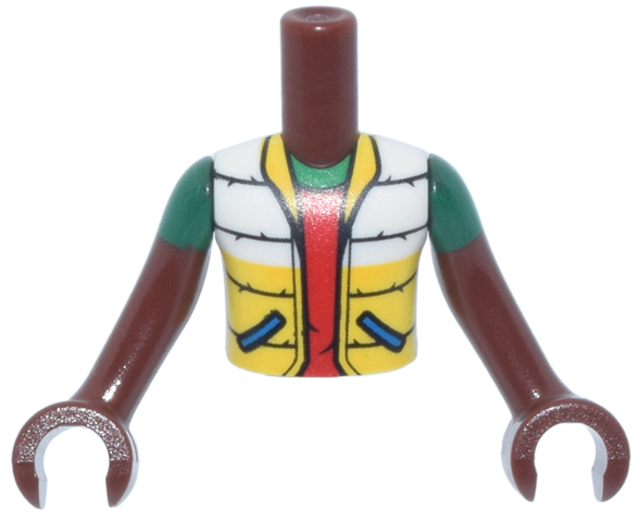 Torso Mini Doll Boy White Jacket with Blue Pockets, Yellow Bottom and Collar over Red Shirt, 'POW! in Star on Back Pattern, Reddish Brown Arms with Hands with Green Short Sleeves