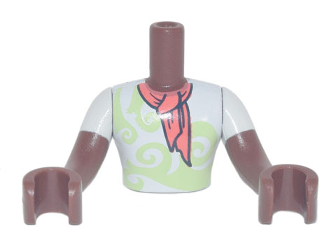 Torso Mini Doll Man White Shirt with Yellowish Green Swirls, Coral Scarf Pattern, Reddish Brown Arms with Hands with White Short Sleeves