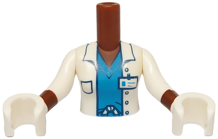 Torso Mini Doll Woman White Jacket with Dark Blue Pocket and ID Badge over Dark Azure Scrubs Pattern, White Arms with Hands with Reddish Brown Wrists