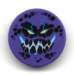 Tile, Round 2 x 2 with Bottom Stud Holder with Black Rock Teeth and Spots, Narrowed Yellow Eyes, Blue Electrified Evil Smile (Bouldron) Pattern