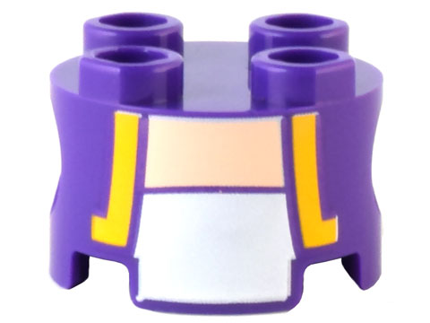 Brick, Round 2 x 2 with Pin Holes with Vest Open with Bright Light Orange Trim over White Shirt, Light Nougat Neck Pattern (Super Mario Purple Toad Torso)