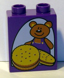 Duplo, Brick 1 x 2 x 2 with Teddy Bear and Cookies / Biscuits Pattern
