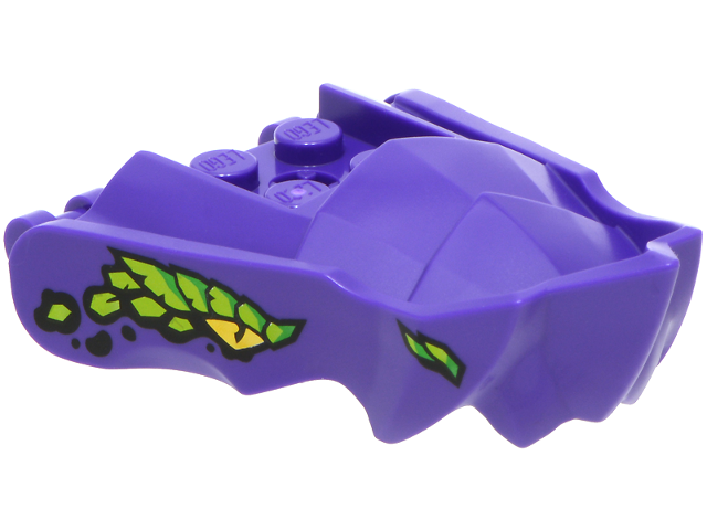 Dragon Head (Ninjago) Jaw with Small Spikes and 2 Bar Handles on Back with Yellow Eyes, Lime and Bright Green Eyebrows, Scales and Nostrils Pattern