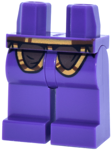 Dark purple hips and legs with dark brown panel printing and a reddish brown belt.