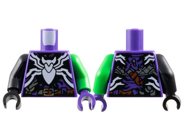 Torso Black Smudge with Large White Spider and Reddish Brown Belt Pattern / Bright Green Arm Left / Black Arm Right / Dark Purple Hand Left / Black Hand Right