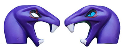 Minifigure, Head, Modified Snake Short Neck with Open Mouth with White Fangs, Silver Right Eye and Light Blue Left Eye Pattern