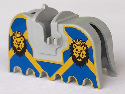Horse Barding, Ruffled Edge with Lion Heads with Crowns on Blue and Yellow Background Pattern