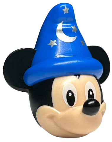 Minifigure, Head, Modified Mouse with Molded Black Ears and Blue Wizard Hat and Printed Nose, White Eyes and Silver Moon and Stars Pattern (Mickey)