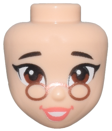 Mini Doll, Head Friends with Dark Brown Eyebrows, Reddish Brown Eyes, Copper Glasses, Coral Lips, Open Mouth Smile with Teeth Pattern