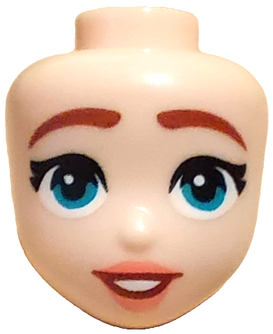 Mini Doll, Head Friends with Dark Orange Eyebrows, Black Eyelashes, Dark Turquoise Eyes, Coral Lips, and Open Mouth Smile with White Teeth Pattern