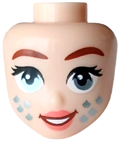 Mini Doll, Head Friends with Reddish Brown Eyebrows and Open Mouth Smile with Teeth, Coral Lips, Metallic Light Blue Eyes and Scales Pattern