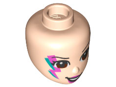 Mini Doll, Head Friends with Reddish Brown Eyes and Dark Pink Lips, Lopsided Smile, and Dark Azure and Dark Pink Lightning Bolt Face Paint Pattern