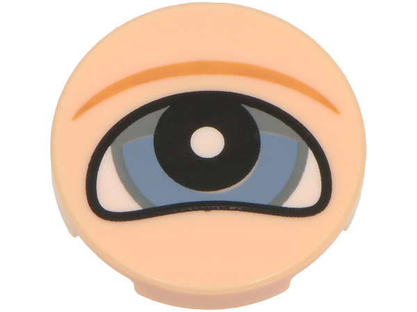 Tile, Round 2 x 2 with Bottom Stud Holder with Sand Blue and Dark Bluish Gray Eye with Black Pupil, White Glint and Medium Nougat Wrinkle Pattern