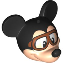 Minifigure, Head, Modified Mouse with Black Ears and Nose and Aviator Goggles Pattern (Mickey)